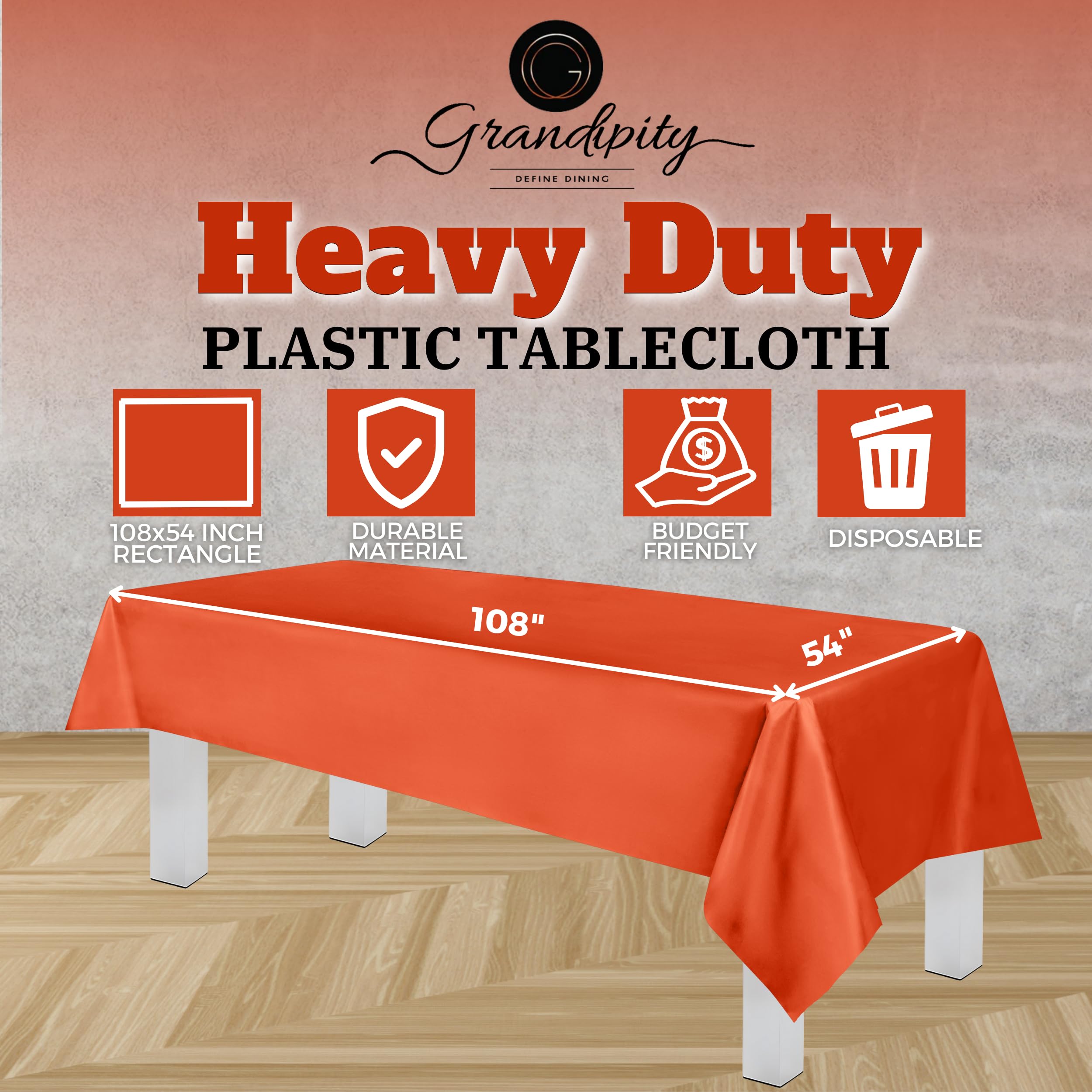 Grandipity Orange Plastic Table Cloth Disposable (6 Pk) 54In X 108In Plastic Tablecloths For Rectangle Tables - Premium Party Ta